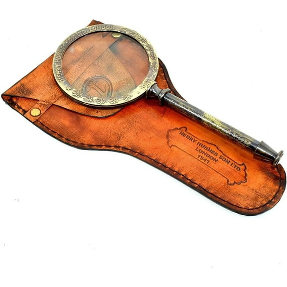 Maritime Treasures Magnifying Collectible Solid Brass 4" Diameter Brass Magnifying Glass Antique Desktop Magnifier With Leather Case. Brass Gift.