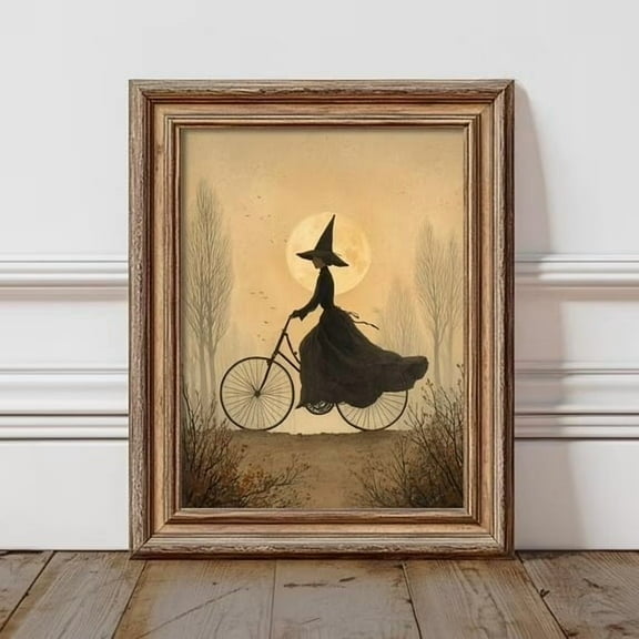 WestConfe Witch on Bicycle Wall Art, Vintage Halloween Silhouette Print