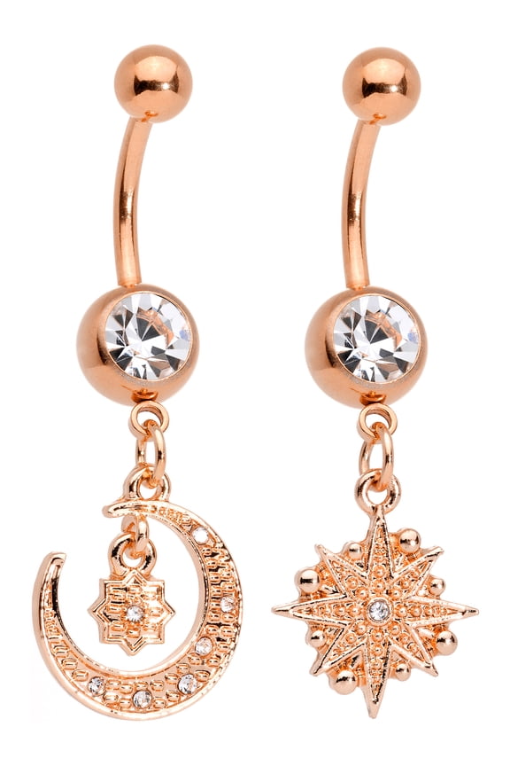 Womens 2PC Plated Steel Clear Accent Rosy Celestial Dangle Belly Button Rings 14G Navel Piercing