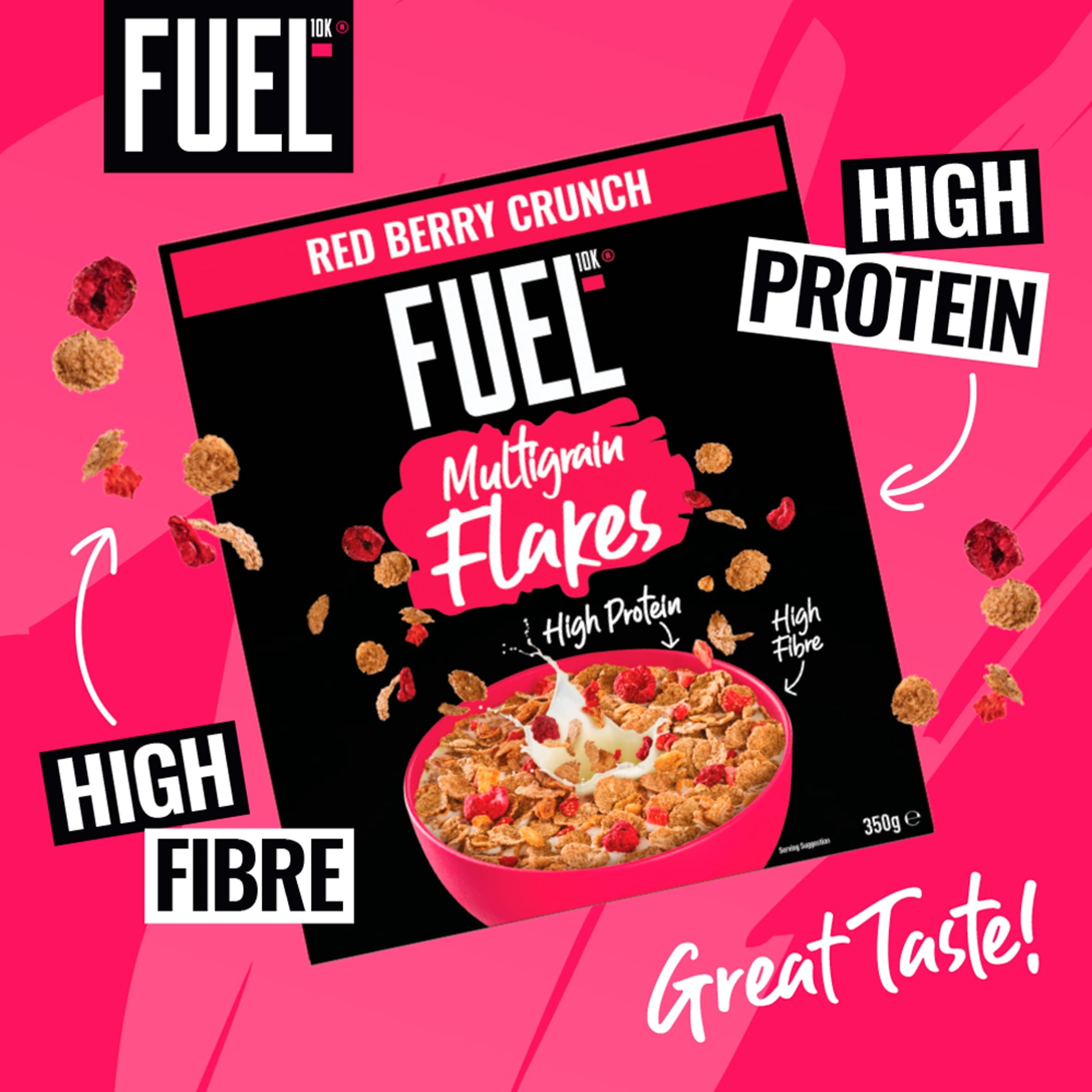 FUEL10K Red Berry Multigrain Flakes High Protein Breakfast Cereal 350g, Imported from Britain