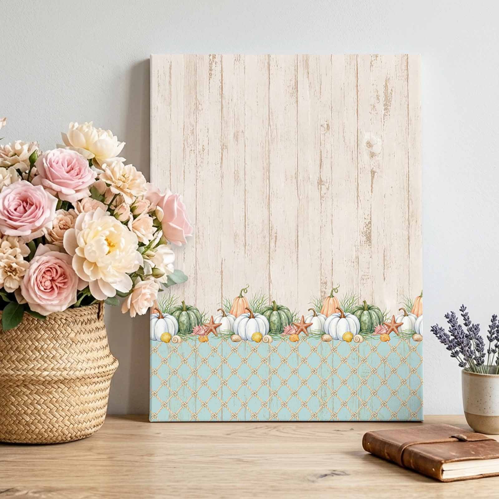 Canvas Wall Art Mini Pumpkins Canvas Art Print Starfish Cream Wood Grain Mint Green Plaid Country Wall Decor for Living Room Bedroom Artwork Decorations Stretched Framed Ready to Hang 18 x24