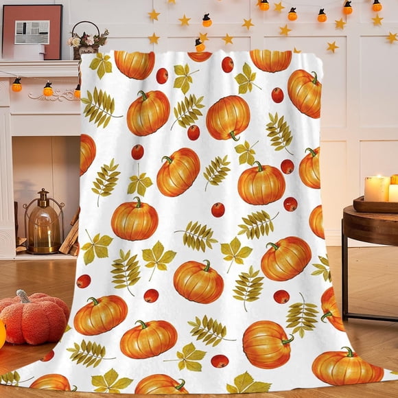 Oioii Fall Pumpkin Flannel Throw Blanket, Soft Warm Flannel Pumpkins Leaves Blanket for Couch Bed, Cozy Autumn Throw Blankets Halloween Thanksgiving Home Decor