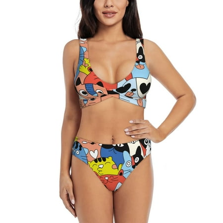 Zeuib Funny Cats High Waisted Tummy Control Bikini Set - Knot Front Push Up Top & Cheeky Thong Bottom  Two-Piece Swimsuit for Women-Medium