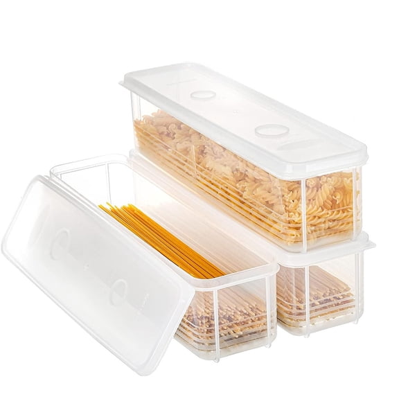 NOGIS 3 Pack Pasta Container Noodle Food Storage Spaghetti Keeper Box with Cover, Seals Well, Keeps Your Cabinets/Pantry/Refrigerator Organized, Clear, Flat and Stackable