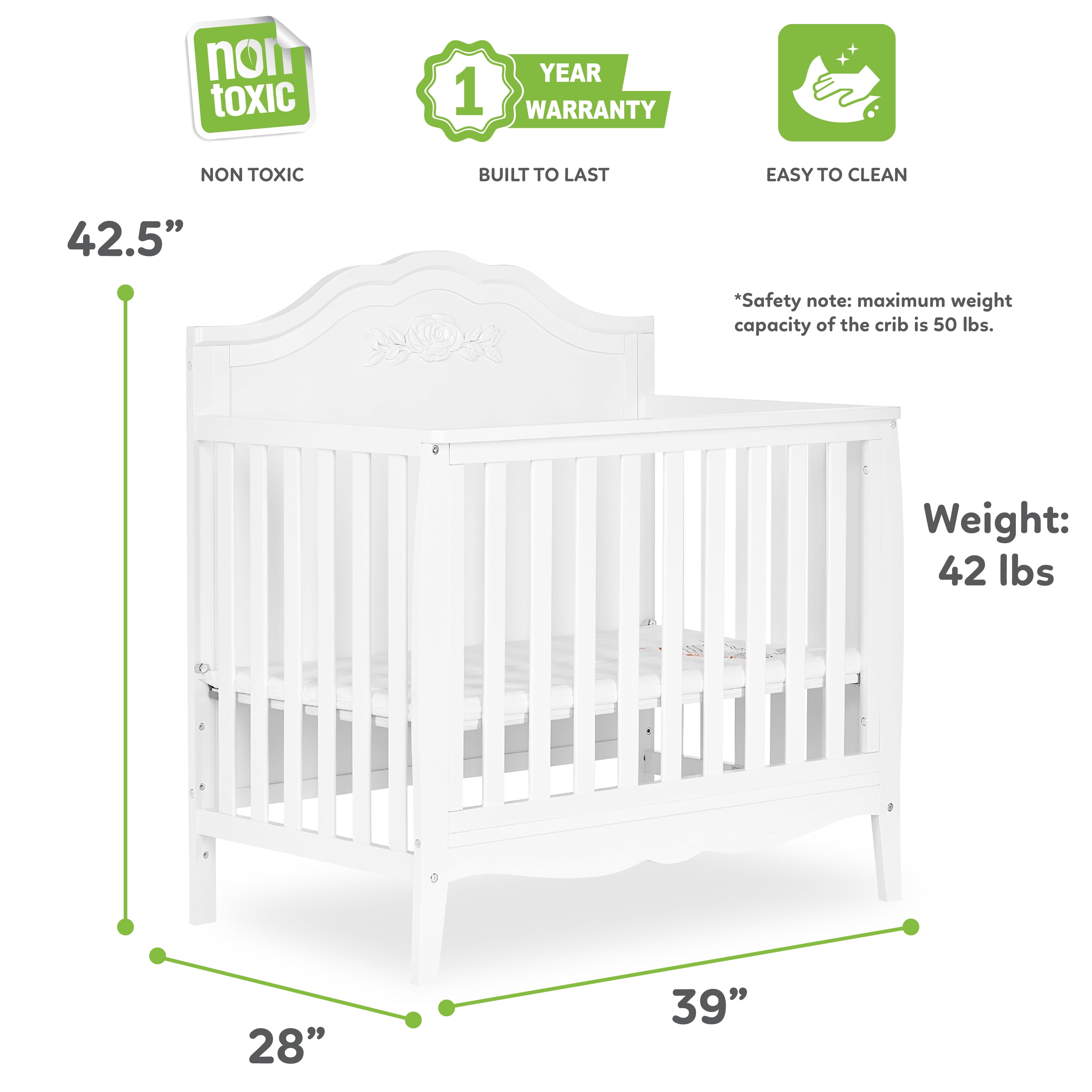 Dream On Me Jasmine 4-in-1 Convertible Mini Crib, New Zealand Pinewood, White