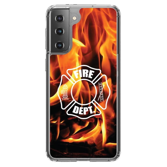 DistinctInk Clear Shockproof Hybrid Case for Galaxy S21 5G (6.2" Screen) - TPU Bumper, Acrylic Back, Tempered Glass Screen Protector - Flames Fire Department Maltese Cross - First Responders