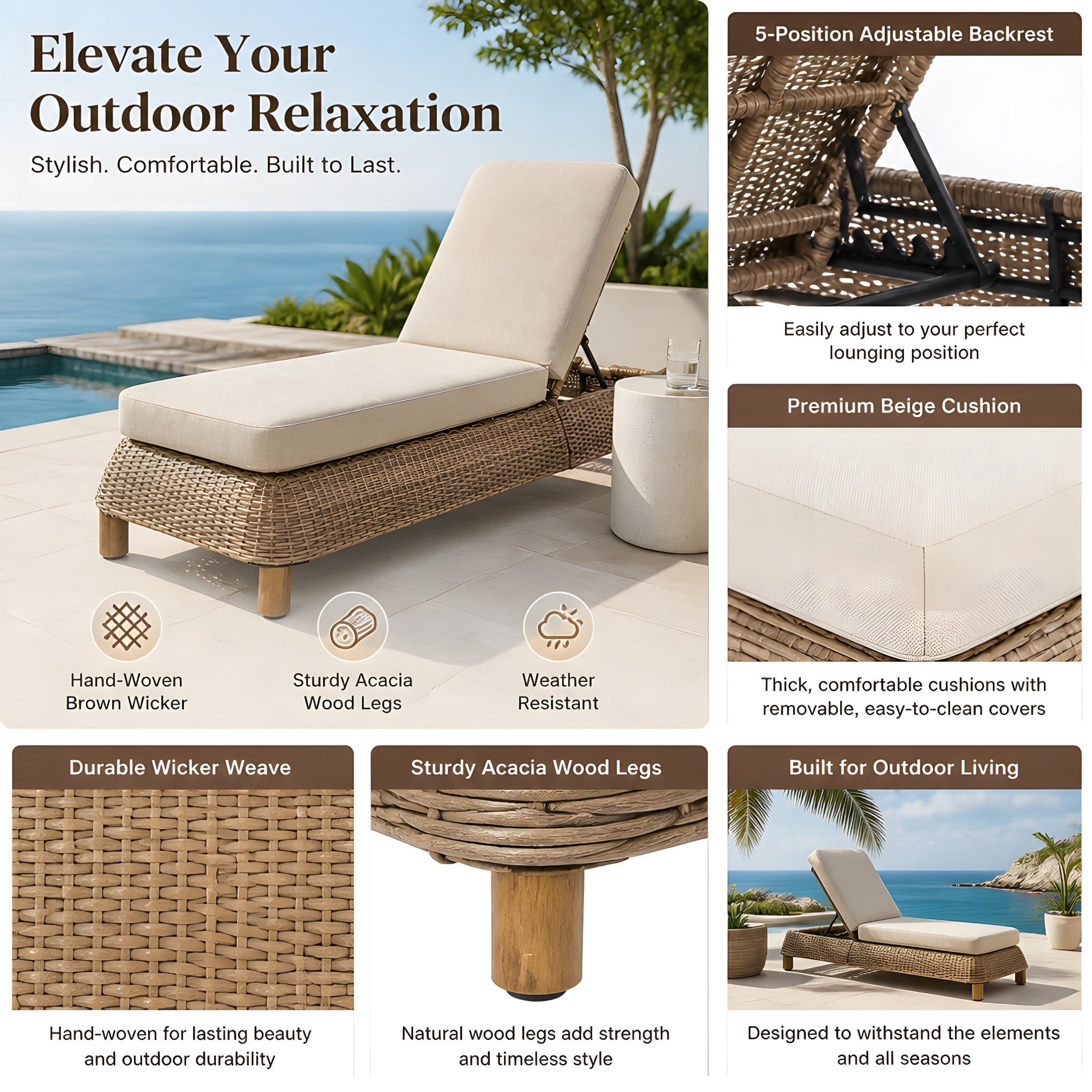 Christopher Knight Home Set of 2 Outdoor Chaise Lounge Chairs, Wicker Recliners with Cushions, Brown + Beige