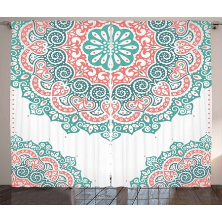 Teal Coloured Curtains Henna Curtains 2 Panels Set, Soft Colored Mandala South Asian Culture Inspired Ethnic Style Floral Image, Window Drapes for Living Room Bedroom, 108W X 90L Inches, Turquoise Coral Teal, by Ambesonne ()
