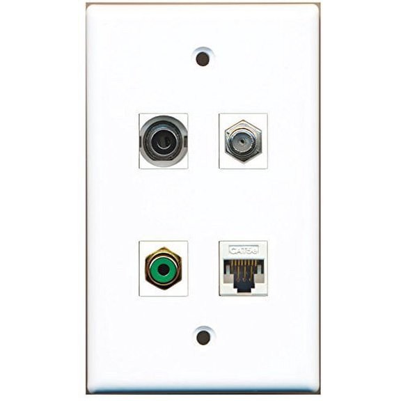 RiteAV - 1 Port RCA Green 1 Port Coax Cable TV- F-Type 1 Port 3.5mm 1 Port Cat5e Ethernet White Wall Plate