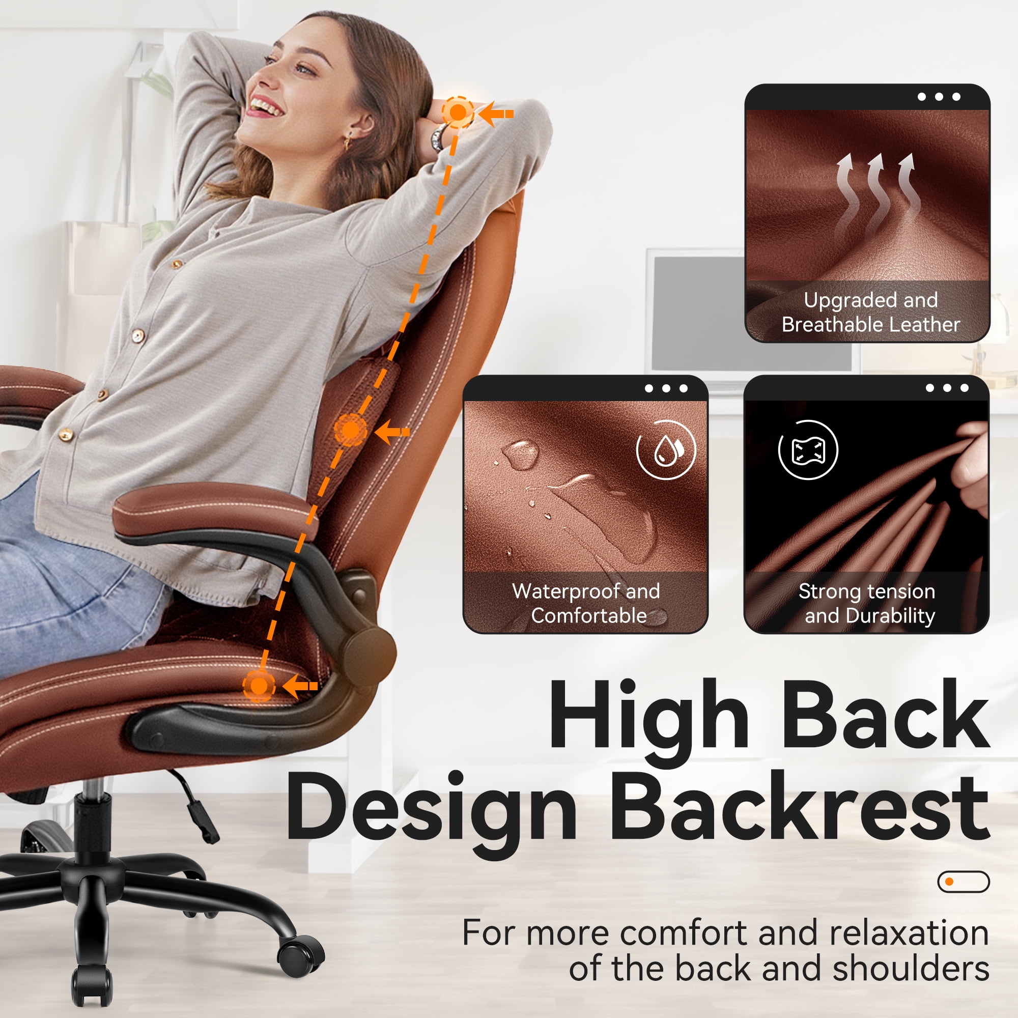 COOLHUT Big and Tall Office Chair 500LBS Wide Seat Ergonomic Computer Desk Chair, High Back Executive PU Leather Chair, Adjustable Armrest and Lumbar Back Support Office Chair, Brown