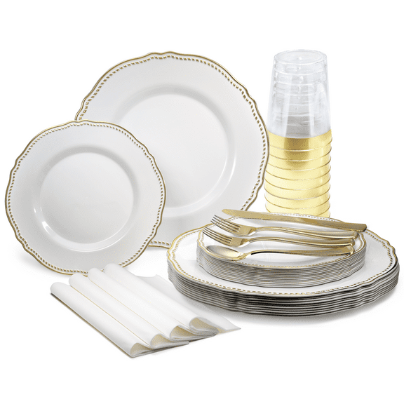 " OCCASIONS " 200pcs set (25 Guest)-Wedding Disposable Plastic Plates & cutlery - 10.25'', 7.5'' paper napkins, Gold rim cups & Silverware (Rochelle White and Gold)