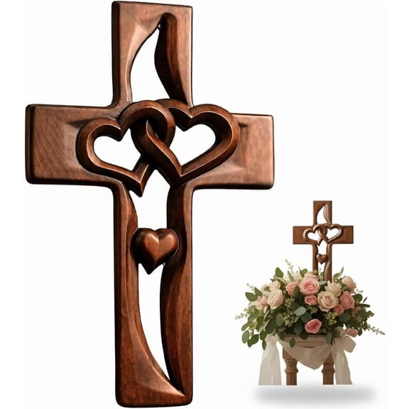 Handmade Wooden Cross with Intertwined Hearts, Hand-Carved Wooden Heart Cross Wall Decor, Marriage Crosses Symbol of Sacred Love for Christmas Wedding Valentine Gift(x)