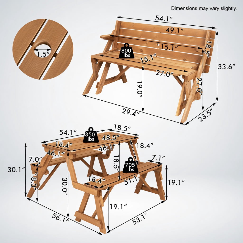 Hommoo 2-in-1 Transformable Wooden Picnic Table & Garden Bench with Umbrella Hole, Fir Wood Outdoor Furniture for Patio, Backyard, or Deck, Dark Brown