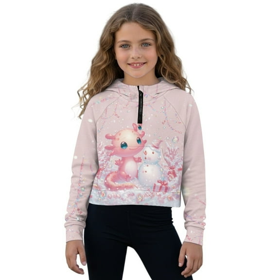 Xoenoiee Axolotl Snowman Print Girls Half Zip up Sweatshirt Trendy Winter Cropped Hoodie Long Sleeve Shirt Pullover Youth Girl Outwear Coat, 5-6 Years