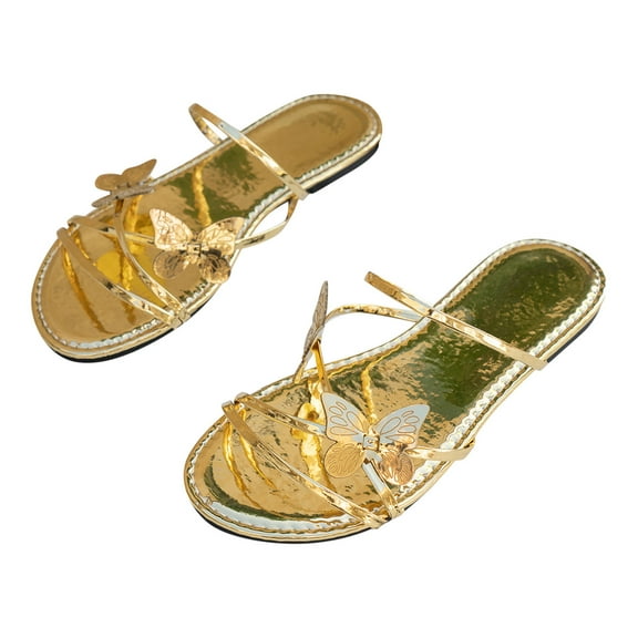 Women's Elegant Butterfly Rhinestone Shiny Slide Sandals Strappy Slip on Flat Sandals Dressy Casual Sliders Gold Women Sandal