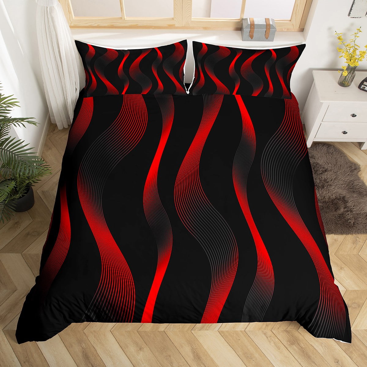 YST Red Black Striped Duvet Cover, Geometric Stripes Comforter Cover