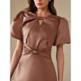 thumbnail image 2 of Coffee Satin Mini Dress With Puff Sleeves, Bow Neck, Cutout V-Neck And Ruched Waist, 2 of 7