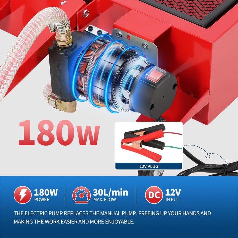 Low Profile Oil Drain Pan 12V, 20-Gallon Metal Oil Change Pan Cart with 180W Electric Pump, 8FT Hose & Folding Handle for Cars, SUVs, Trucks, Buses