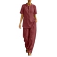 thumbnail image 2 of Mifsaly Travel Outfits for Women 2 Piece Sets Short Sleeve Button Down Tunic Top and High Waisted Loose Harem Pants Boho Casual Summer Vacation Matching Set Wine,XL, 2 of 5