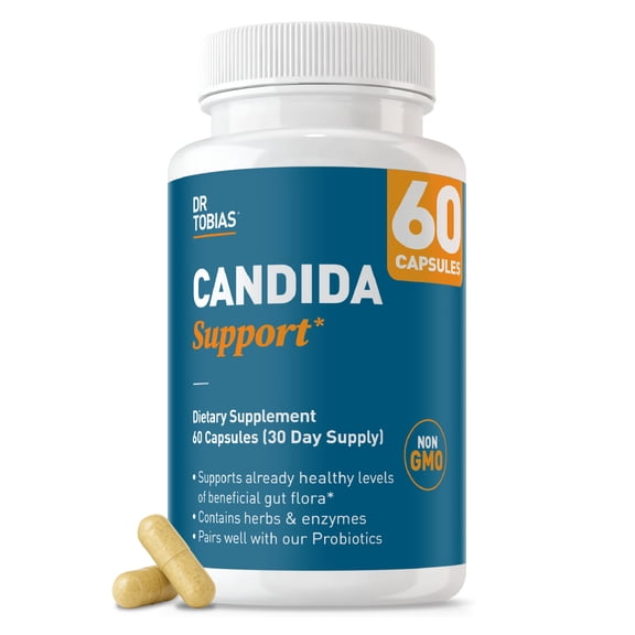 Dr. Tobias Candida Support, Gut Flora Balance Complex with Oregano, Caprylic Acid, Enzymes & Probiotics, Support Intestinal Detox Cleanse & Gut Health for Women & Men, 60 Capsules, 30 Servings