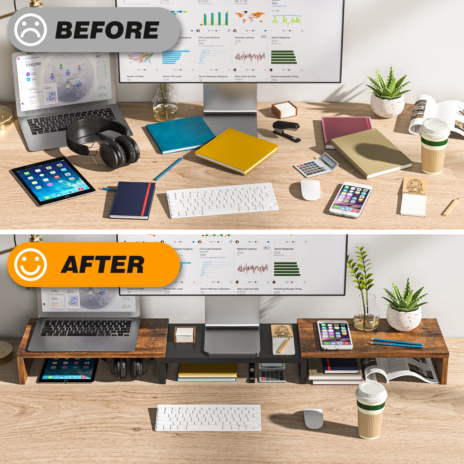 RTVR Dual Monitor Stand Riser Office Desktop Organizer Stand for 2 Monitors, Adjustable Length & Angle 3 Shelf Extra Long for TV Computer Laptop, Brown