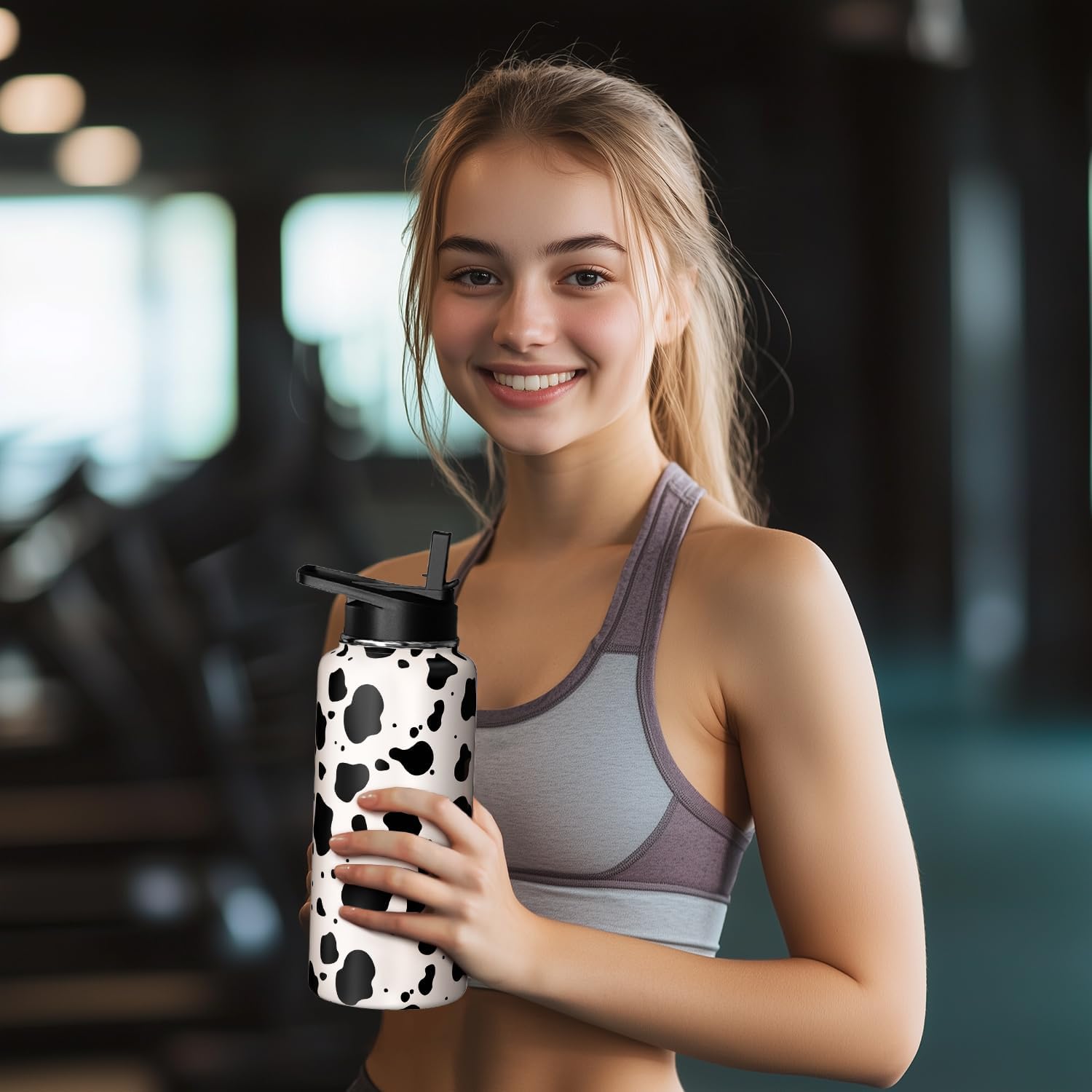 Cow Print Water Bottle with Straw Lid 32oz Vacuum Insulated Sports Water Bottles Cow Gifts for Women Men Cow Print Stuff Accessories Stainless Steel Thermos Travel Mug