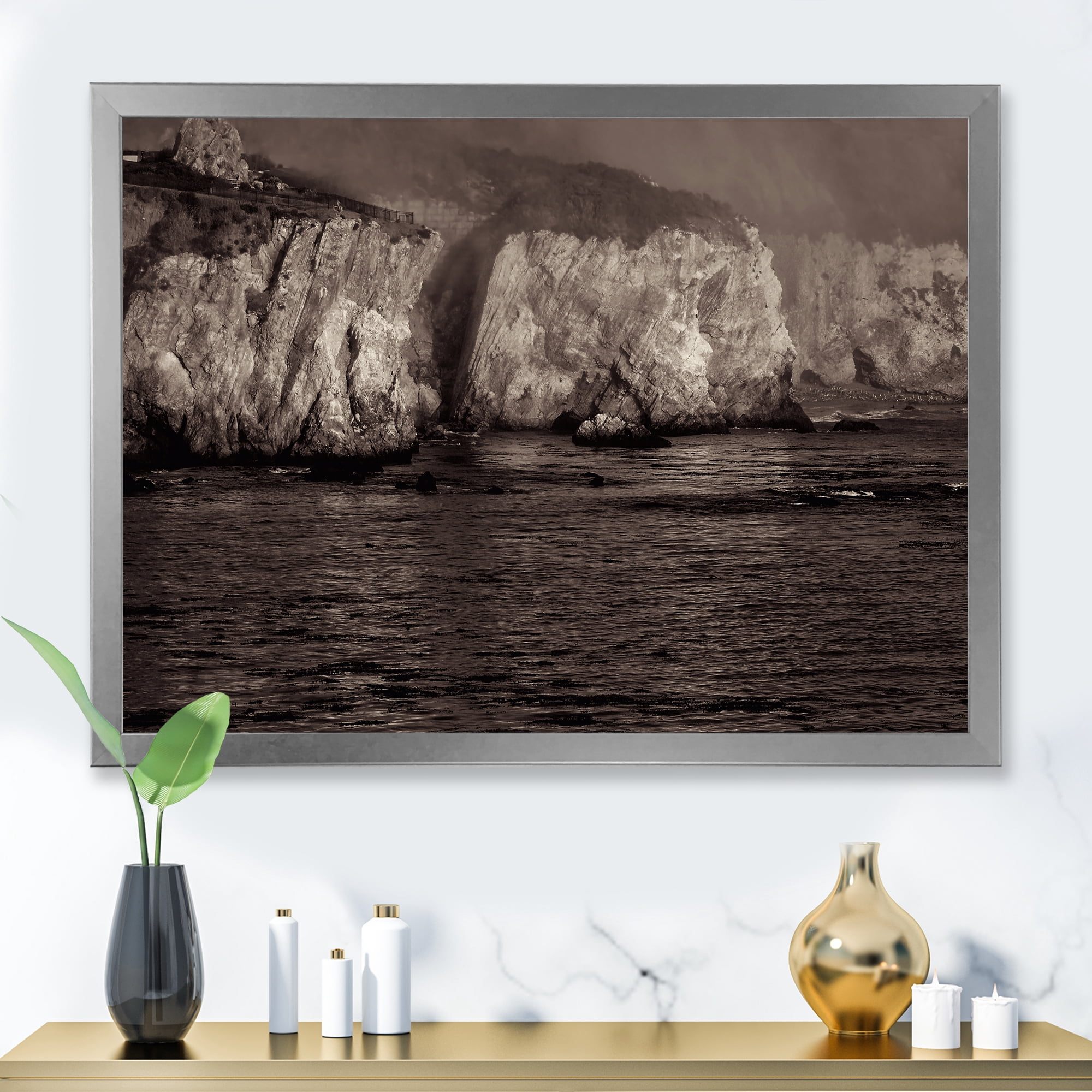 Designart 'Gold Cliffs Over Sea In The Fog' Modern Framed Art Print