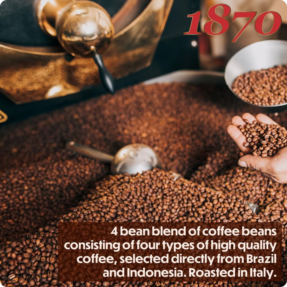1870 by Caffè Barbera: Hesperia Premium Whole Bean Roasted Coffee, 4 Bean Blend from Indonesia and Brazil, Roasted in Italy by a Single Family over 150 years & 6 Generations (since 1870), 2.2lb / 1kg