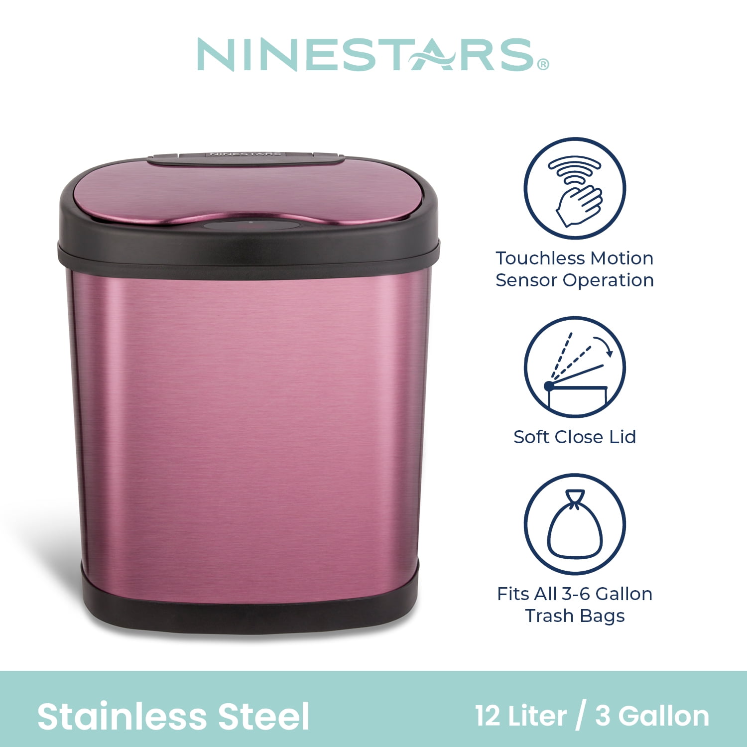 Nine Stars Automatic Bathroom Trash Can, 3.2 Gallon Stainless Steel, Motion Sensor Hands-Free Soft-Close Lid Garbage Bin, Burgundy
