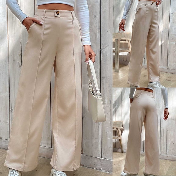 Buttoned Straight Leg Pants for Women, Professional Work Trousers Slacks, High Waisted Wide Leg Business Casual Pants, Office Wear & Practical Gifts for Women | Sopatenor,Beige L