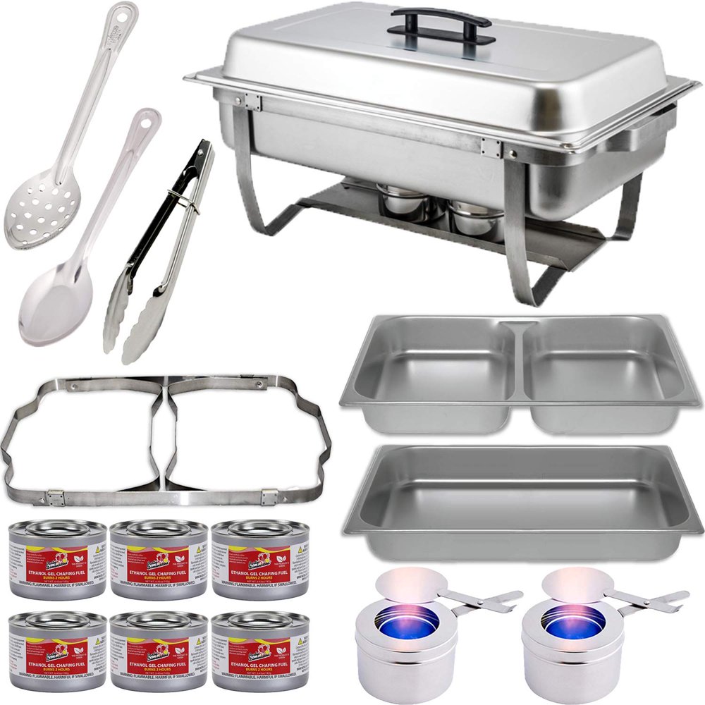 Chafing Dish Buffet Set w/Fuel — Folding Frame + Divided pan (4qt x 2