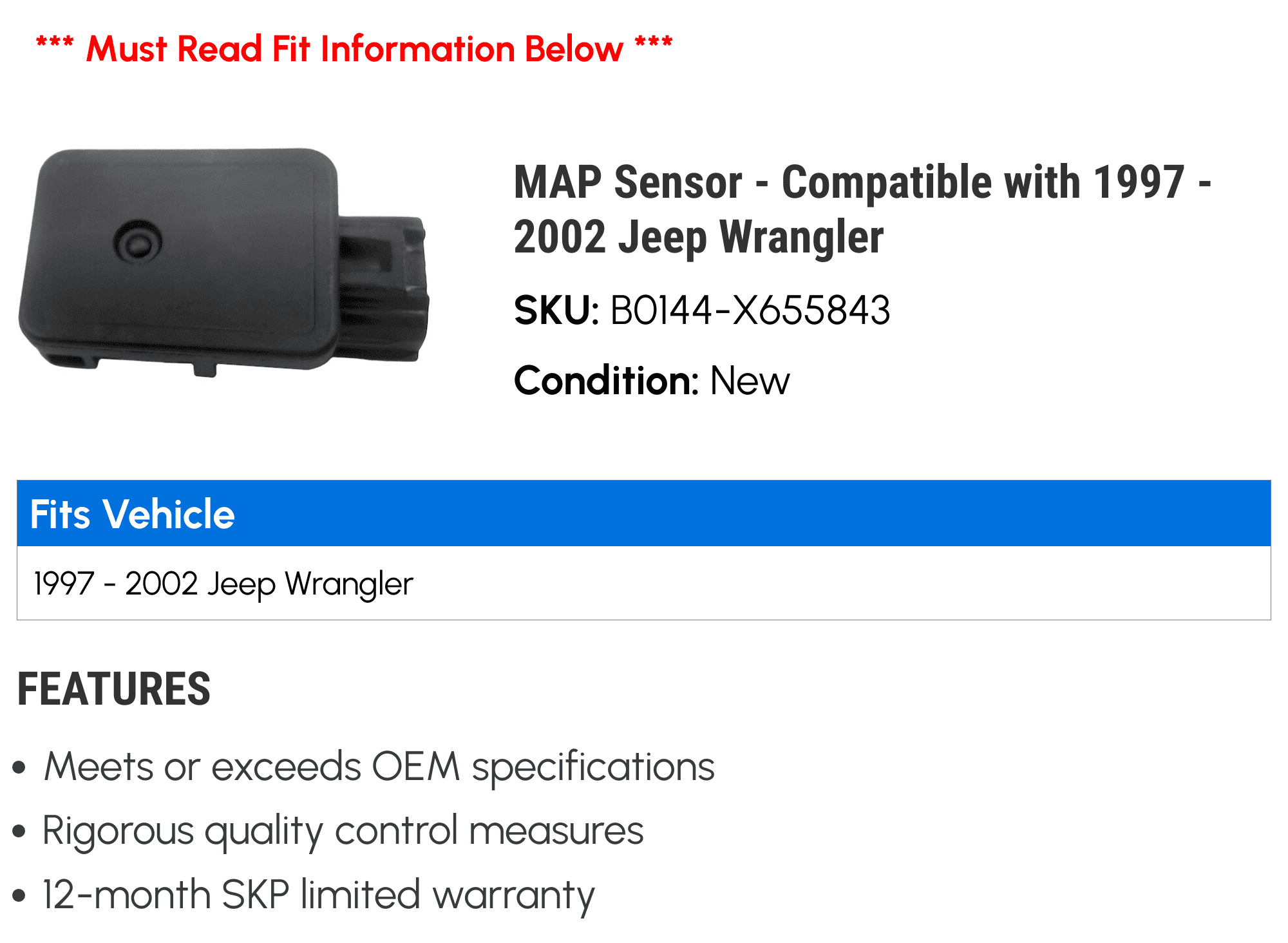 MAP Sensor - Compatible with 1997 - 2002 Jeep Wrangler 1998 1999 2000 2001