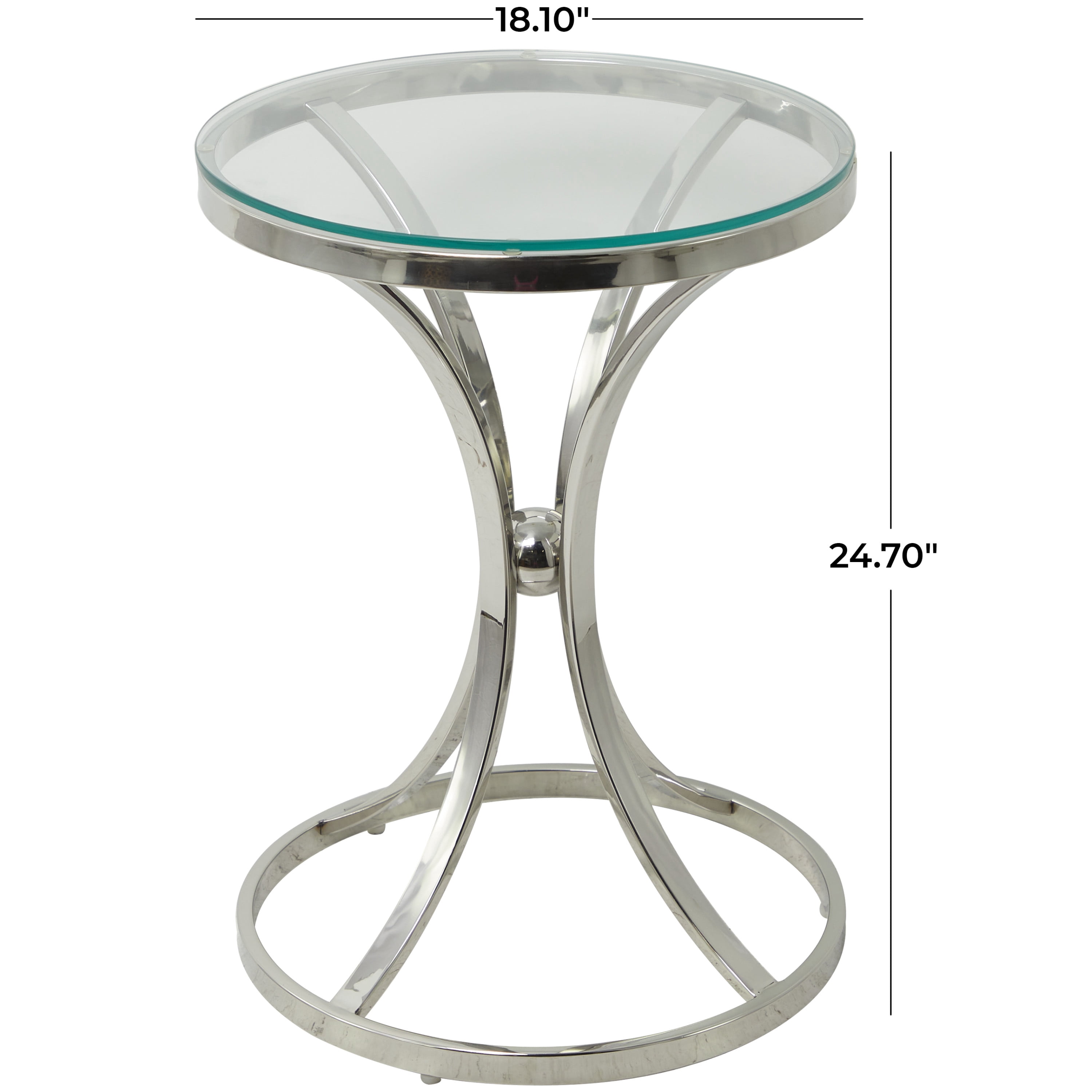 DecMode 18" x 25" Silver Stainless Steel Hourglass Shaped Stand Accent Table with Clear Glass Top, 1-Piece