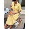 thumbnail image 5 of Women Button Front Pleated Shirt Dresses Summer Casual Short Sleeve Pleated Blouse Mini Dress Yellow XXL, 5 of 8