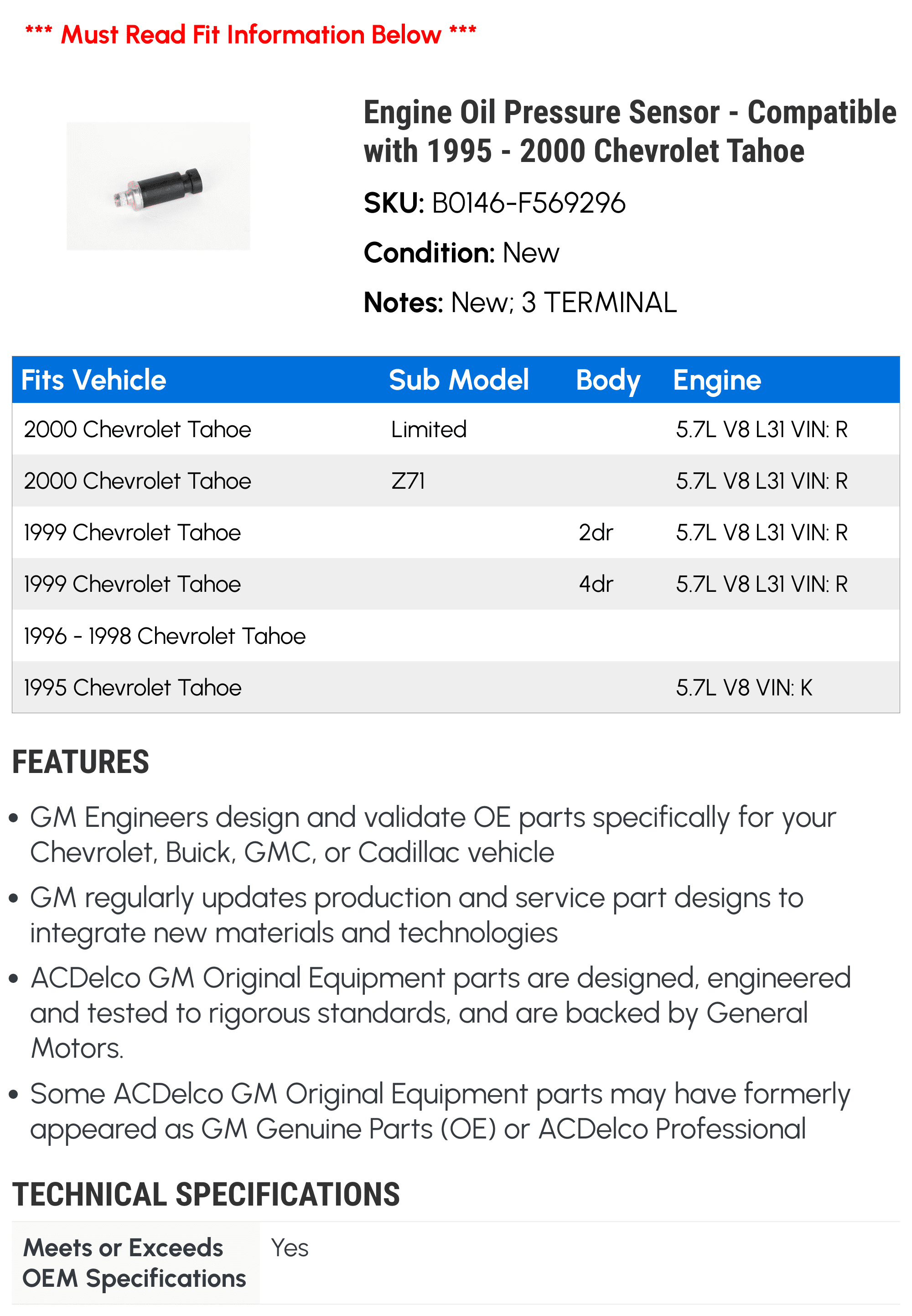 Engine Oil Pressure Sensor - Compatible with 1995 - 2000 Chevrolet Tahoe - AC Delco