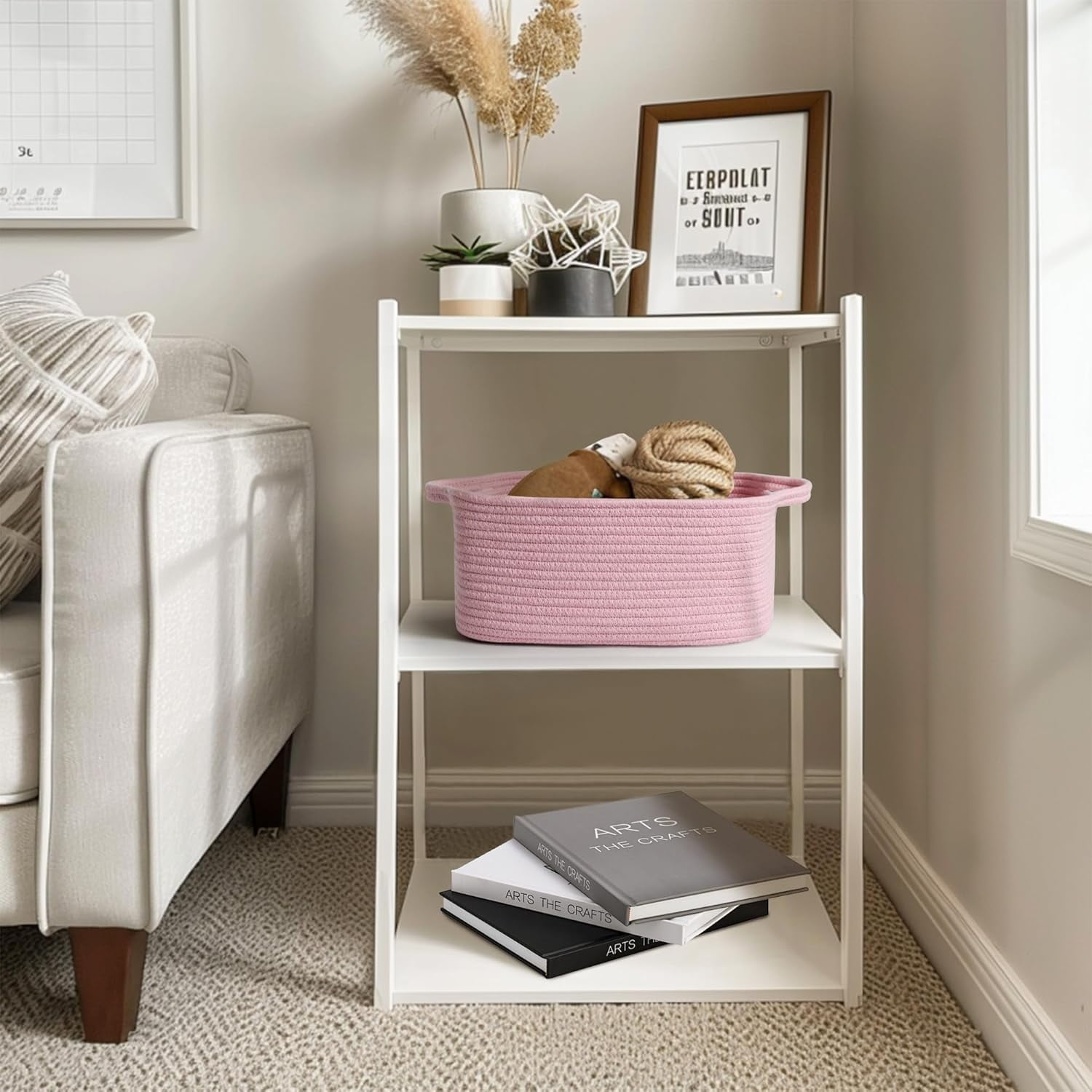 Pink Woven Storage Basket, Cotton Rope Gift Basket Empty, Cute Organizer for Girls, Decorative Baby Nursery Closet Bin, Pink Room Decor, Gift Ready Bin with Handle, Wicker Pet Toy Storage Box