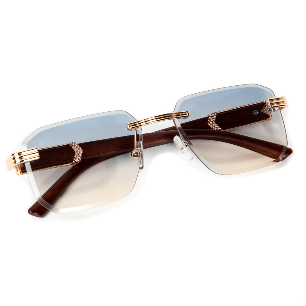 Men's Gold Frame Rimless Gray Tan Gradient Tint Hip Hop Woodgrain Sunglasses