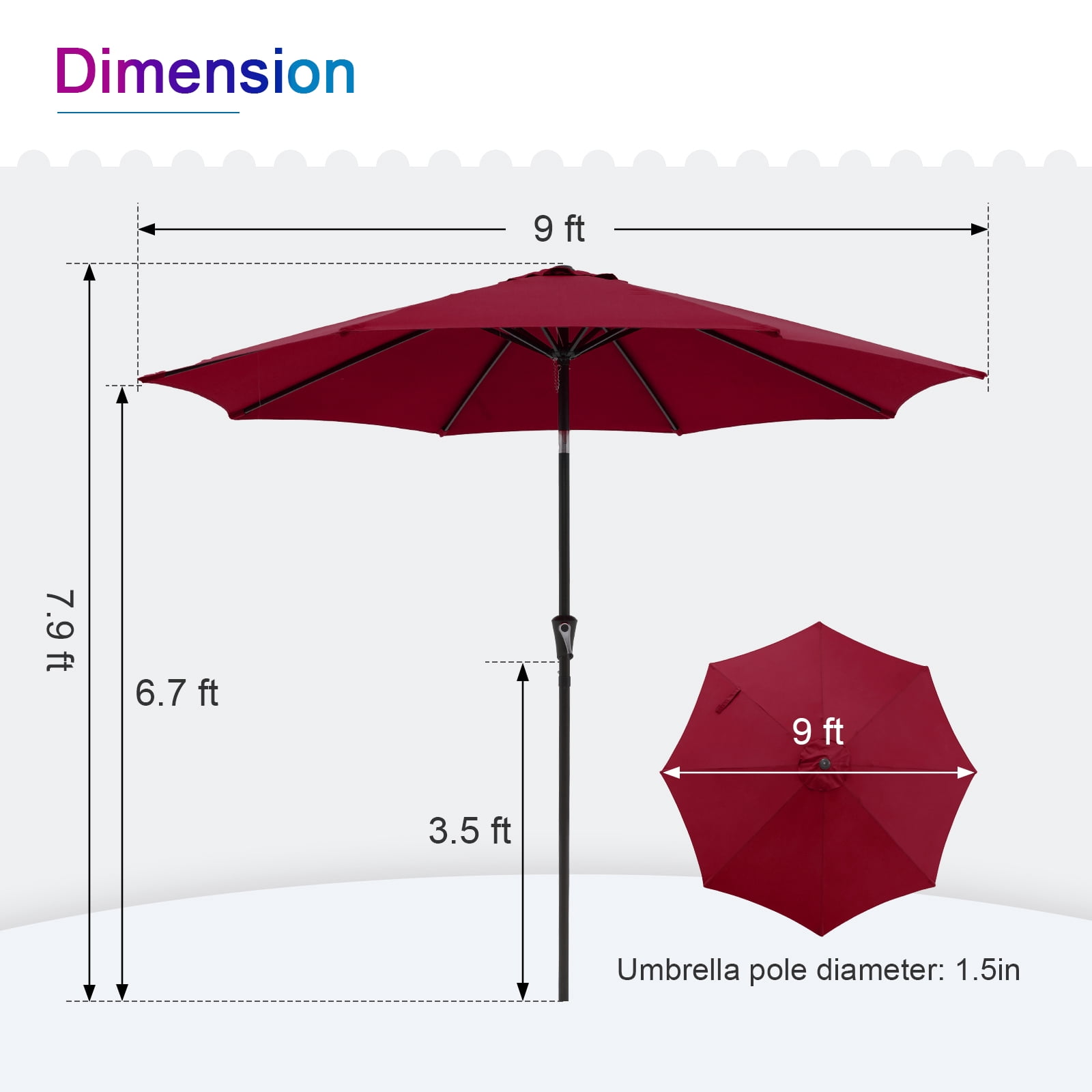 9ft Outdoor Patio Umbrella, with Push Button Tilt and Crank Sysytem, Sturdy Power Coated Frame, for Garden, Poolside, Deck and Backyard, Red