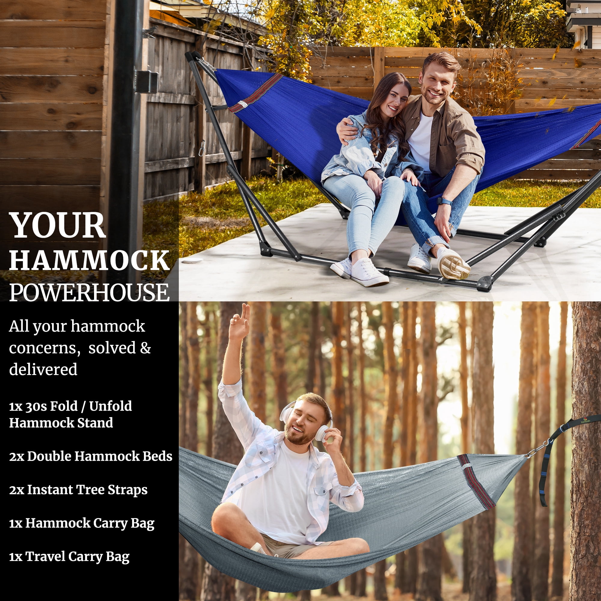 Tranquillo 600lb Capacity 2 Persons 2 Hammocks Included/Foldable Portable Hammocks with Stand, Tree Straps, Carry Bags for Garden Camping, Blue