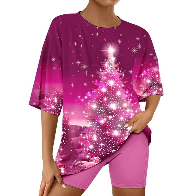 Puntoco Conjunto de pijama cómodo para mujer, conjunto de camiseta y pantalones cortos de manga corta con cuello redondo y estampado navideño para mujer, ropa para el hogar