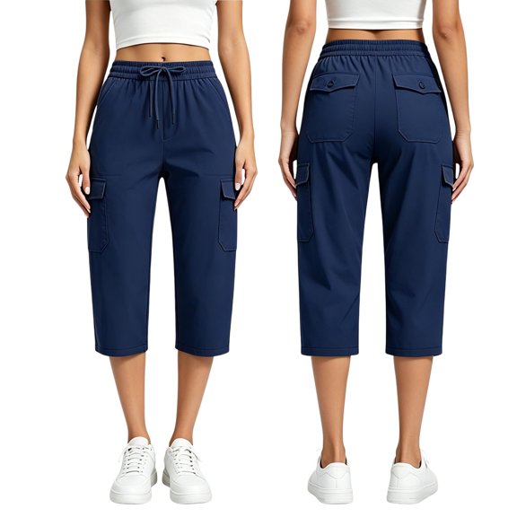 MHOSTAFH Women's Multi Pockets Cargo Capris Summer Lightweight Loose Straight Leg Capri Casual Outdoor Hiking Work Cropped Pants