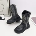 thumbnail image 2 of Boys Girls Cowboy Boots Trendy Embroidery Leather Round Toe Mid Calf Western Cowgirl Booties Side Zipper Fall Winter Long Riding Boots 4 Big Kid Black, 2 of 6