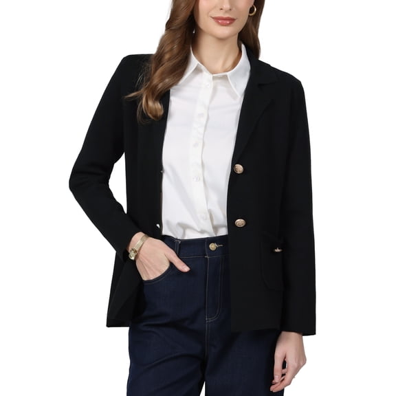 INSPIRE CHIC Women's Sweater Blazer Business Casual Lapel Neck Button Knit Suit Jacket with Pockets S Black