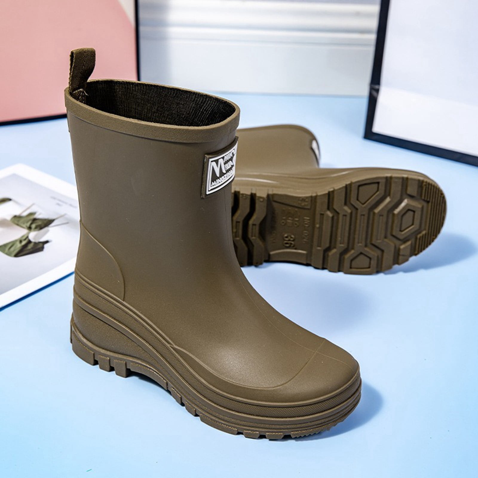 Rain Boots for Women Waterproof Mid Calf Rain Boots Wide Calf Garden Shoes Womens Rain Boots (Army Green 15)