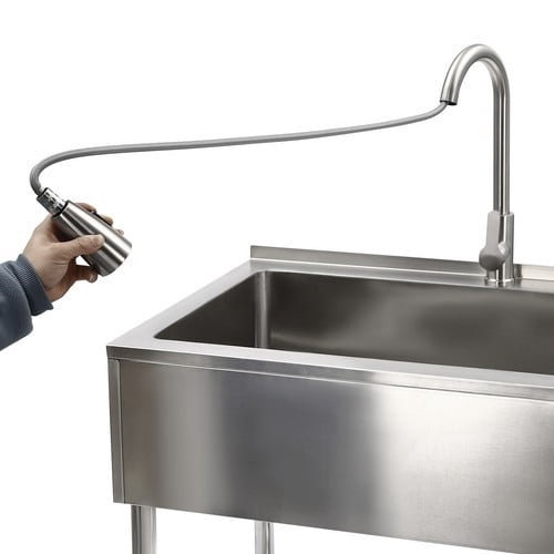 Utility Sink, 35.8" L x 23.2" W x 34.3" D Free Standing Single Bowl Kitchen Sink with Cold and Hot Water Faucet, Commercial Stainless Steel Laundry Tub for Kitchens, Bathrooms, Garage, Laundry Room