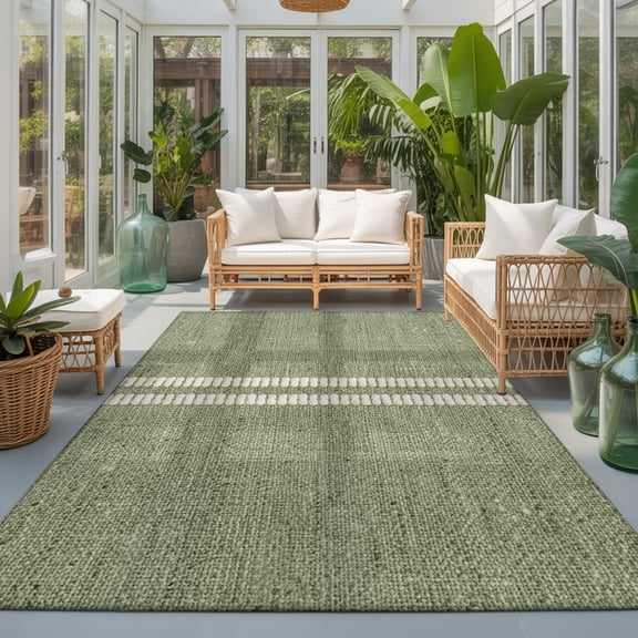 Cream Grain Line Washable Living Room Rugs 8'x10', Sage Green Woven Canvas Style Romantic Country Washable Throw Large Area Rug Non-Slip Sturdy Edge Binding Carpet for Bedroom Dining Room Office