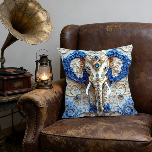 Uutvery Vintage Elephants Print Pillowcase, Soft Short Pile Cushion Cover for Sofa, Decorative Pillowcase for Living Room Bedroom, Blue Home Decor Accent, 17.71x17.71x0.40 Inches