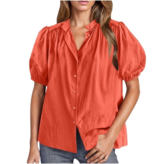Blouses For Women, Women's Summer Button Down Shirts Short Lantern Sleeve V Neck Cotton Cute Dressy Casual Ladies Tops Blouses