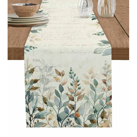 Table Runner 36 Inches Long for Kitchen Dining, Green Brown Botanical Dresser Scarf Farmhouse, Dining Table Decorations for Wedding/Parties, Farmhouse Eucalyptus Leaves Rustic 13 x 36 In