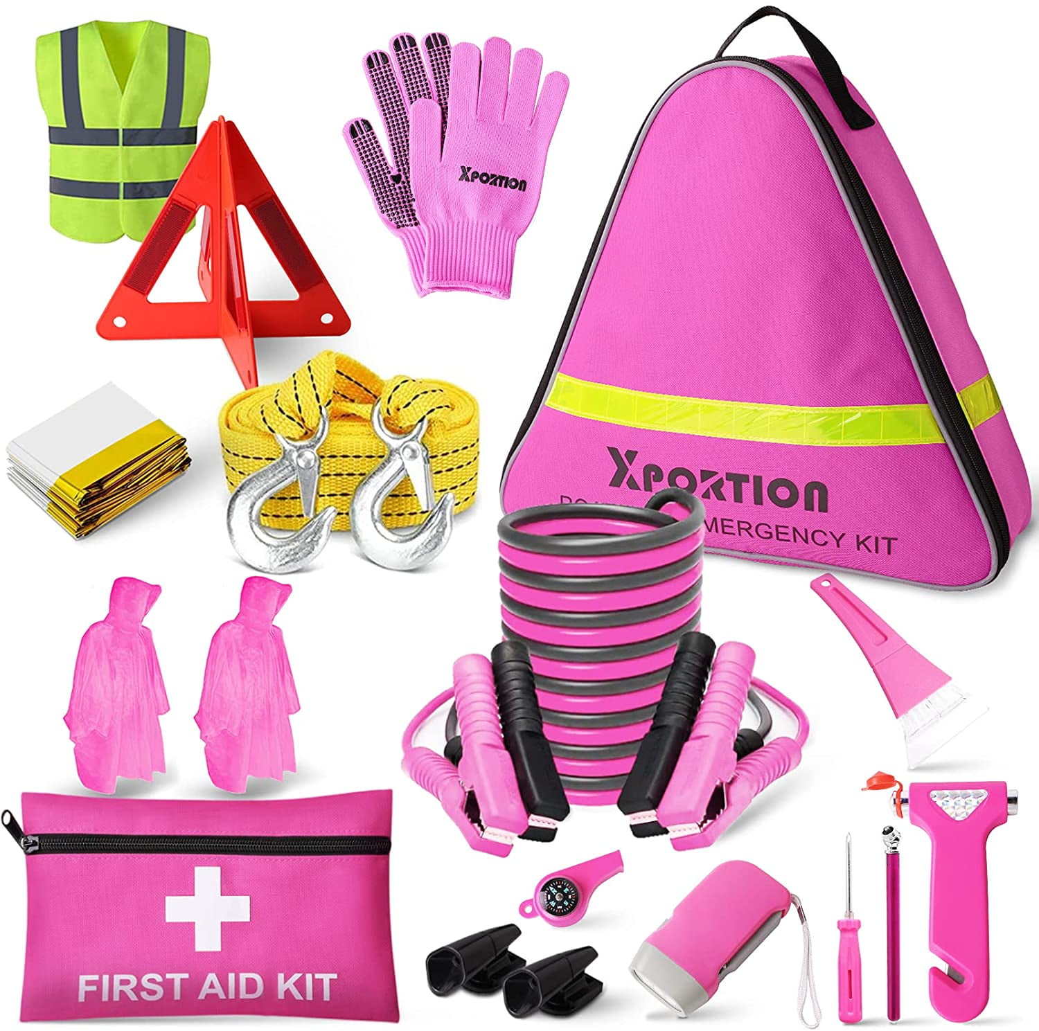 XPORTION Car Emergency Kit, Roadside Emergency Car Kit, Roadside Assistance  Kit for Teen Girls and Lady's Gifts with Jumper Cables,Tow Rope,and More  Ideal Pink Accessories Tool（15Pcs）